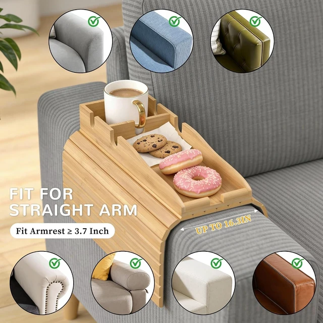 Alt view image 13 of 14 - Couch Armrest Table, Sofa Arm Tray with Removable Cup Holder, 2 in 1 Anti-Slip Armrest Tray Table for Couch, Bamboo Foldable Couch Cup Holder for Drinks Snacks Phone Remote Control