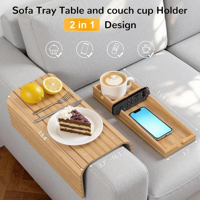 Alt view image 14 of 14 - Couch Armrest Table, Sofa Arm Tray with Removable Cup Holder, 2 in 1 Anti-Slip Armrest Tray Table for Couch, Bamboo Foldable Couch Cup Holder for Drinks Snacks Phone Remote Control