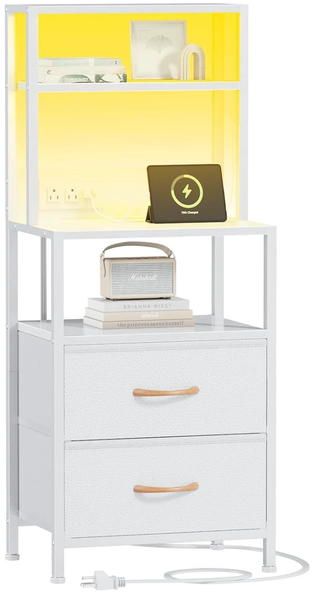 Alt view image 8 of 14 - Night Stand, Tall White Nightstand with 4-Tier Shelves, 2 PU Fabric Drawers and Led Lights, Bed Side Tables with Charging Station, Bedside Table for Bedroom