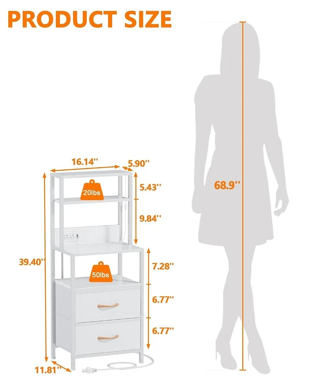 Alt view image 10 of 14 - Night Stand, Tall White Nightstand with 4-Tier Shelves, 2 PU Fabric Drawers and Led Lights, Bed Side Tables with Charging Station, Bedside Table for Bedroom
