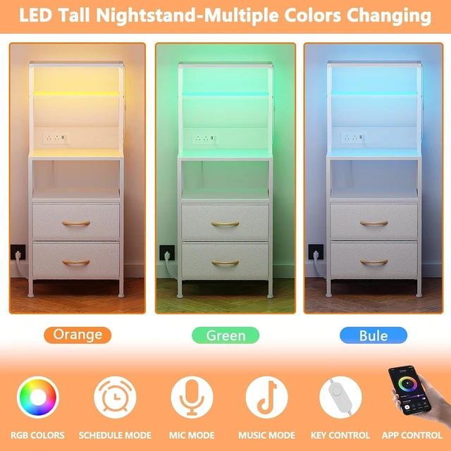 Alt view image 11 of 14 - Night Stand, Tall White Nightstand with 4-Tier Shelves, 2 PU Fabric Drawers and Led Lights, Bed Side Tables with Charging Station, Bedside Table for Bedroom