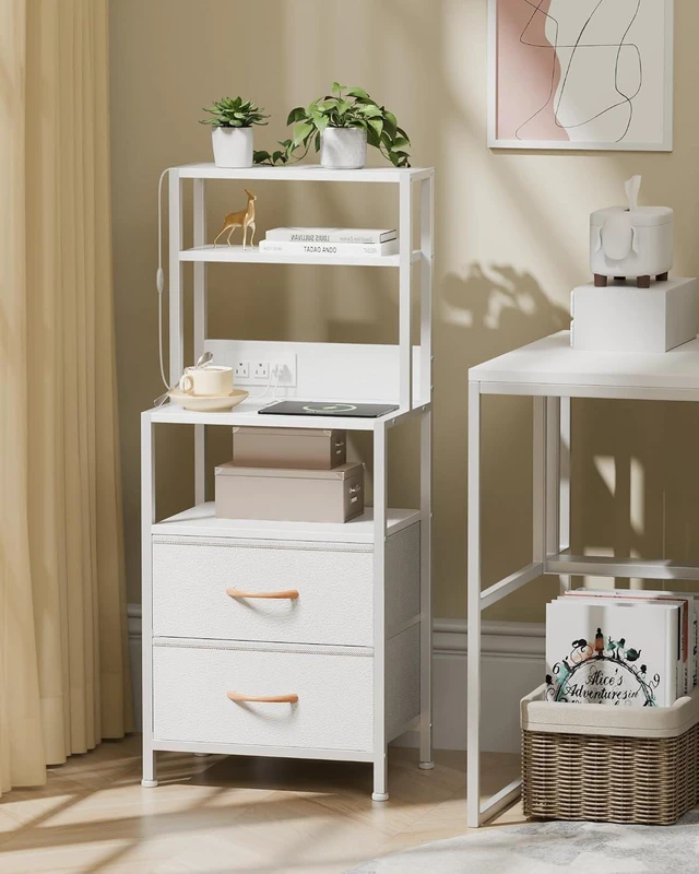Alt view image 9 of 14 - Night Stand, Tall White Nightstand with 4-Tier Shelves, 2 PU Fabric Drawers and Led Lights, Bed Side Tables with Charging Station, Bedside Table for Bedroom