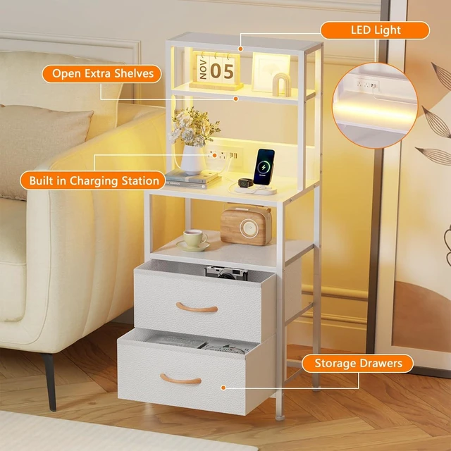 Alt view image 12 of 14 - Night Stand, Tall White Nightstand with 4-Tier Shelves, 2 PU Fabric Drawers and Led Lights, Bed Side Tables with Charging Station, Bedside Table for Bedroom