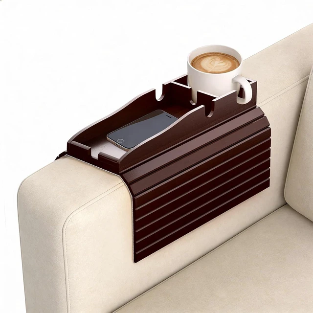 Alt view image 8 of 14 - Couch Armrest Table, Sofa Arm Tray with Removable Cup Holder, 2 in 1 Anti-Slip Armrest Tray Table for Couch, Bamboo Foldable Couch Cup Holder for Drinks Snacks Phone Remote Control