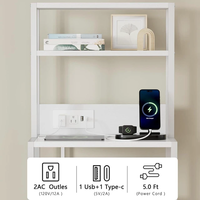 Alt view image 14 of 14 - Night Stand, Tall White Nightstand with 4-Tier Shelves, 2 PU Fabric Drawers and Led Lights, Bed Side Tables with Charging Station, Bedside Table for Bedroom