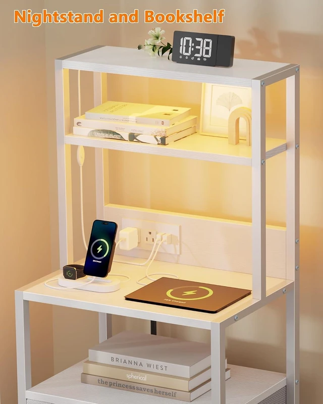 Alt view image 13 of 14 - Night Stand, Tall White Nightstand with 4-Tier Shelves, 2 PU Fabric Drawers and Led Lights, Bed Side Tables with Charging Station, Bedside Table for Bedroom