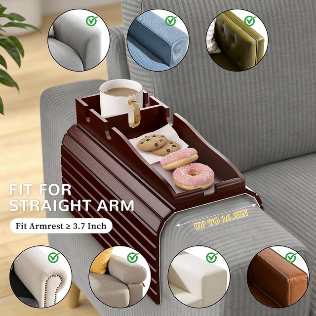 Alt view image 13 of 14 - Couch Armrest Table, Sofa Arm Tray with Removable Cup Holder, 2 in 1 Anti-Slip Armrest Tray Table for Couch, Bamboo Foldable Couch Cup Holder for Drinks Snacks Phone Remote Control