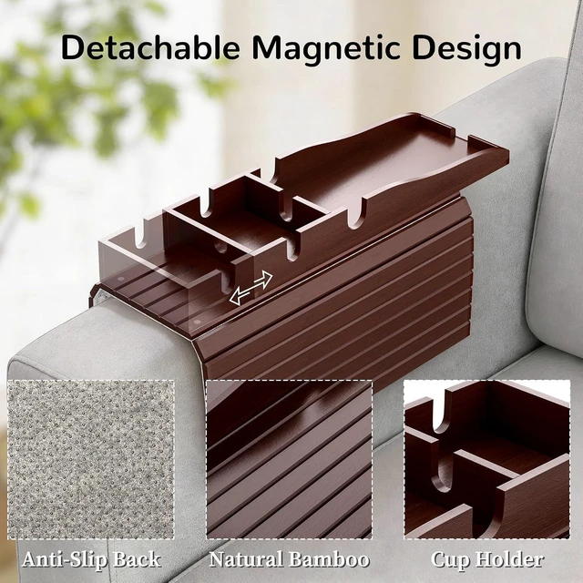 Alt view image 11 of 14 - Couch Armrest Table, Sofa Arm Tray with Removable Cup Holder, 2 in 1 Anti-Slip Armrest Tray Table for Couch, Bamboo Foldable Couch Cup Holder for Drinks Snacks Phone Remote Control