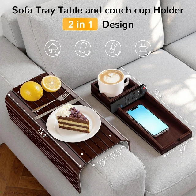 Alt view image 14 of 14 - Couch Armrest Table, Sofa Arm Tray with Removable Cup Holder, 2 in 1 Anti-Slip Armrest Tray Table for Couch, Bamboo Foldable Couch Cup Holder for Drinks Snacks Phone Remote Control