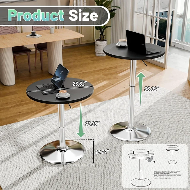 Alt view image 10 of 14 - Bistro Pub Table Height Adjustable Round Bar Table 27.4-36 Inches, 360°Swivel Cocktail Table for Dining Room, Party, Café (1, Black-Silver)