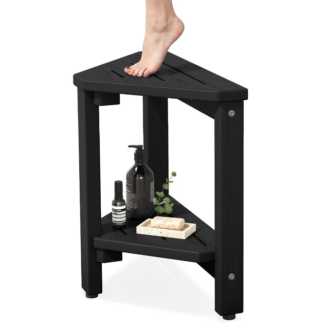 Alt view image 8 of 14 - 15" Shower Foot Rest for Shaving Legs, Waterproof Corner Shower Stool for Inside Shower, HDPE Shower Bench with Storage Shelf, Load 360Lbs, Indoor/Outdoor Use, Black