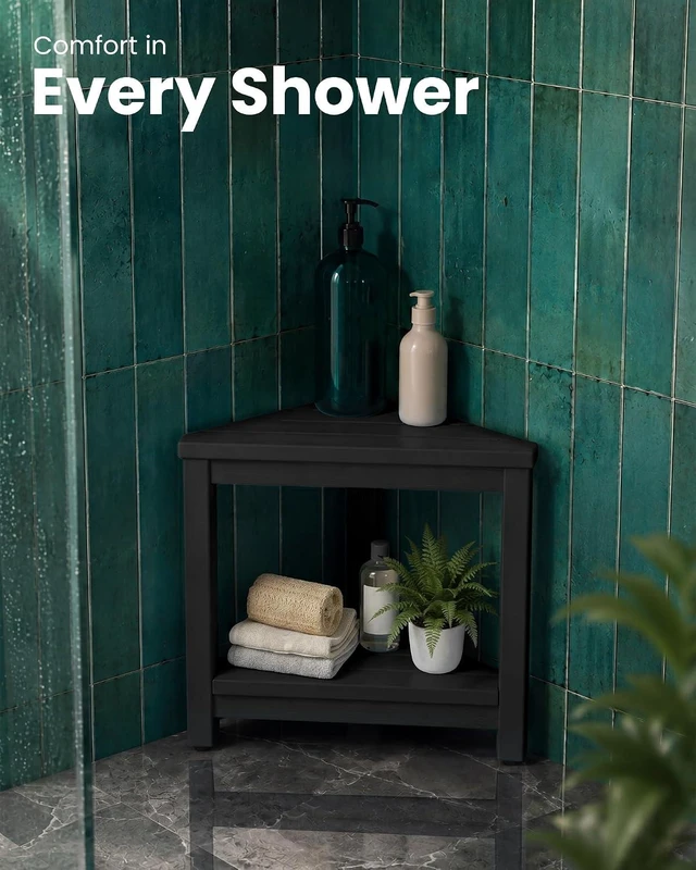 Alt view image 14 of 14 - 15" Shower Foot Rest for Shaving Legs, Waterproof Corner Shower Stool for Inside Shower, HDPE Shower Bench with Storage Shelf, Load 360Lbs, Indoor/Outdoor Use, Black