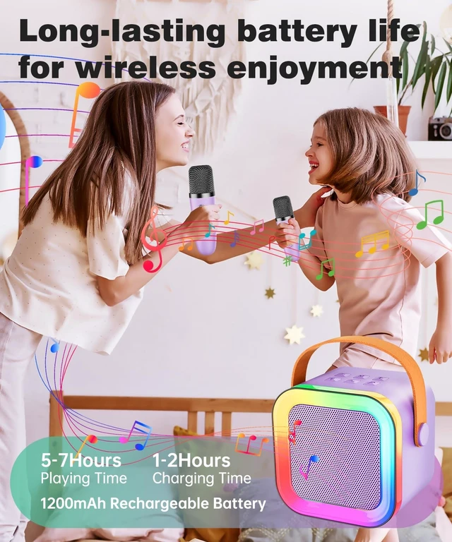 Alt view image 12 of 14 - Mini Karaoke Machine Speaker for Kids Adults,Portable Bluetooth with 1-2 Wireless Microphones,Christmas Birthday Gifts Toys Girls Boys Ages 4, 5, 6,7, 8,9,10,11,12+ Years Old Toddler (Purple - 1 Mic)