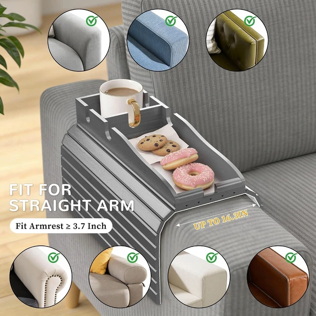 Alt view image 13 of 14 - Couch Armrest Table, Sofa Arm Tray with Removable Cup Holder, 2 in 1 Anti-Slip Armrest Tray Table for Couch, Bamboo Foldable Couch Cup Holder for Drinks Snacks Phone Remote Control