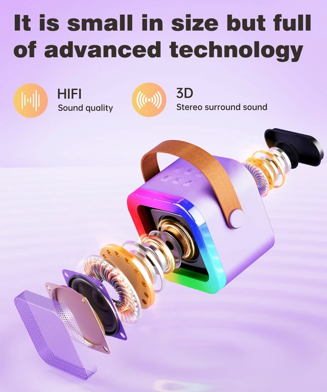 Alt view image 10 of 14 - Mini Karaoke Machine Speaker for Kids Adults,Portable Bluetooth with 1-2 Wireless Microphones,Christmas Birthday Gifts Toys Girls Boys Ages 4, 5, 6,7, 8,9,10,11,12+ Years Old Toddler (Purple - 1 Mic)