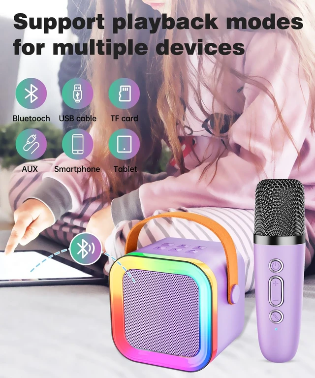 Alt view image 11 of 14 - Mini Karaoke Machine Speaker for Kids Adults,Portable Bluetooth with 1-2 Wireless Microphones,Christmas Birthday Gifts Toys Girls Boys Ages 4, 5, 6,7, 8,9,10,11,12+ Years Old Toddler (Purple - 1 Mic)