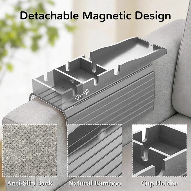 Alt view image 11 of 14 - Couch Armrest Table, Sofa Arm Tray with Removable Cup Holder, 2 in 1 Anti-Slip Armrest Tray Table for Couch, Bamboo Foldable Couch Cup Holder for Drinks Snacks Phone Remote Control