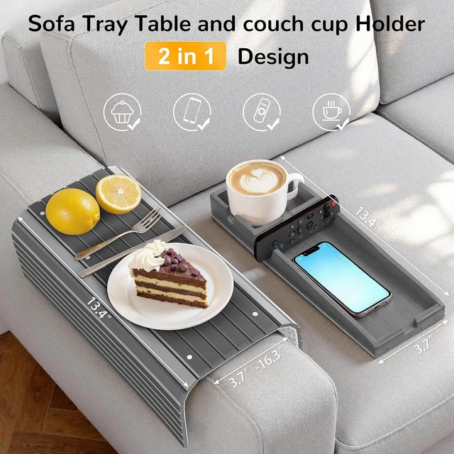 Alt view image 14 of 14 - Couch Armrest Table, Sofa Arm Tray with Removable Cup Holder, 2 in 1 Anti-Slip Armrest Tray Table for Couch, Bamboo Foldable Couch Cup Holder for Drinks Snacks Phone Remote Control