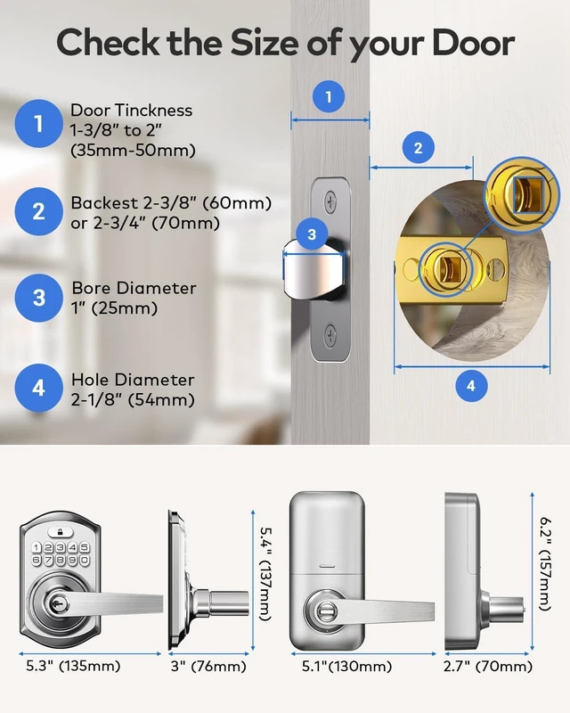 Alt view image 12 of 14 - TE004 Keyless Entry Keypad Door Lock with Handle - Smart Digital Electronic Lock for Interior Door with Anti-Peeping, Auto Lock & Passage Mode - Easy Installation - Satin Nickel