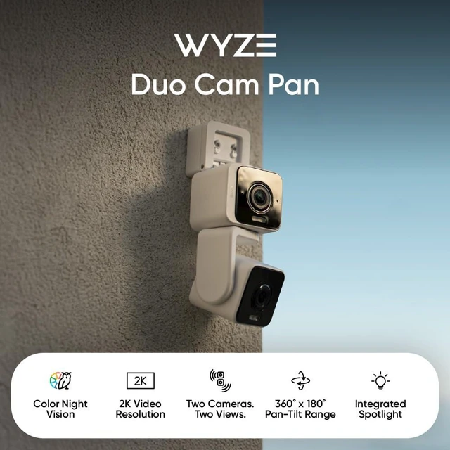 Alt view image 9 of 14 - Duo Cam Pan Indoor/Outdoor IP65 2K 360° Pan/Tilt Smart Home Security Camera with Color Night Vision, Compatible with Alexa & Google Assistant, White