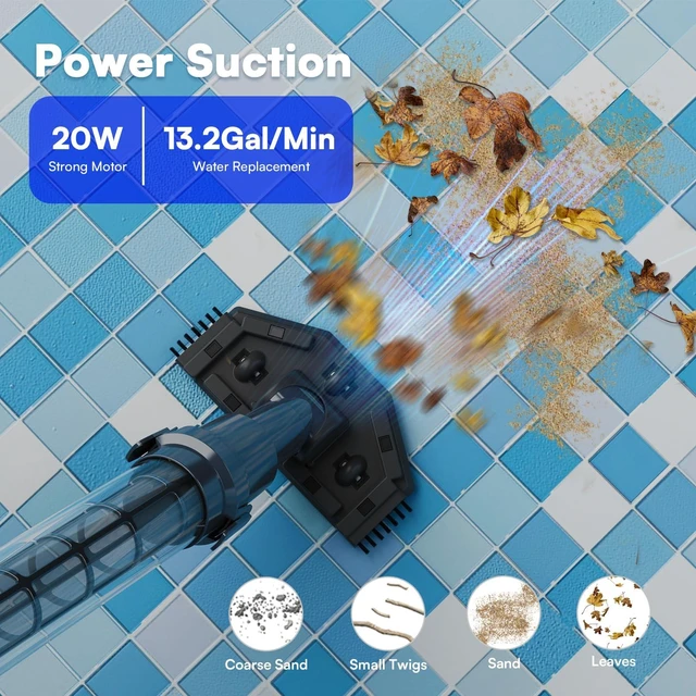 Alt view image 10 of 14 - Handheld Pool Vacuum for Above Ground Pool & Hot Tub Vacuum, with 2 Brush Heads, 90 Mins Running Time, 13.2 Gallons/Min Powerful Suction, Ideal for Cleaning Debris and Sand Underwater, Black