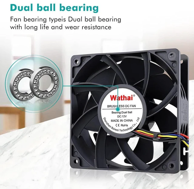 Alt view image 12 of 14 - Wathai 12038 120mm x 38mm PWM Computer PC Case Fan 12V 4pin 5300rpm High Airflow Duall Ball CFM FG DC Brushless Cooling Fan