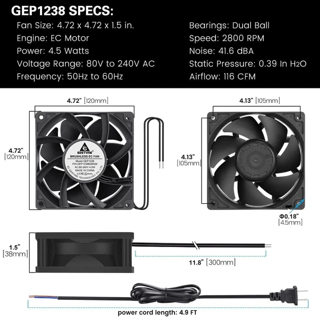 Alt view image 13 of 14 - GDSTIME EC Cooling Fan, 120mm Fan, 120mm 38mm AC 110V 115V 120V 220V 240V, Dual Ball Bearing