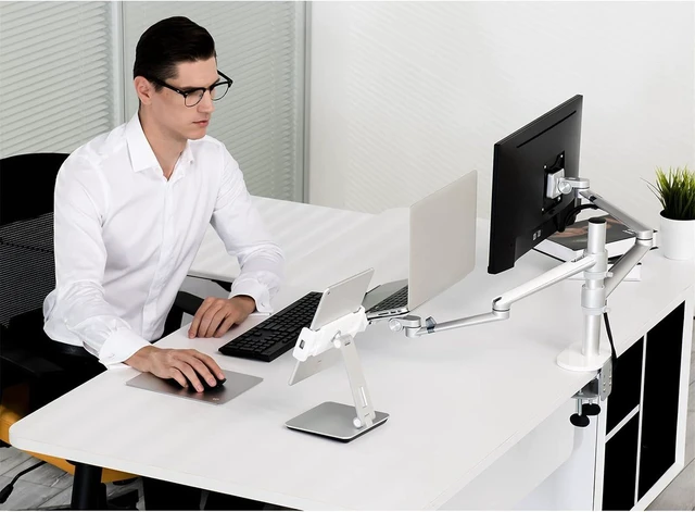 Alt view image 13 of 14 - Viozon Monitor and Laptop Mount, 2-in-1 Adjustable Dual Arm Desk Mounts Single Desk Arm Stand/Holder for 17 to 32 Inch LCD Computer Screens, Extra Tray Fits 12 to 17 inch Laptops (Silver)