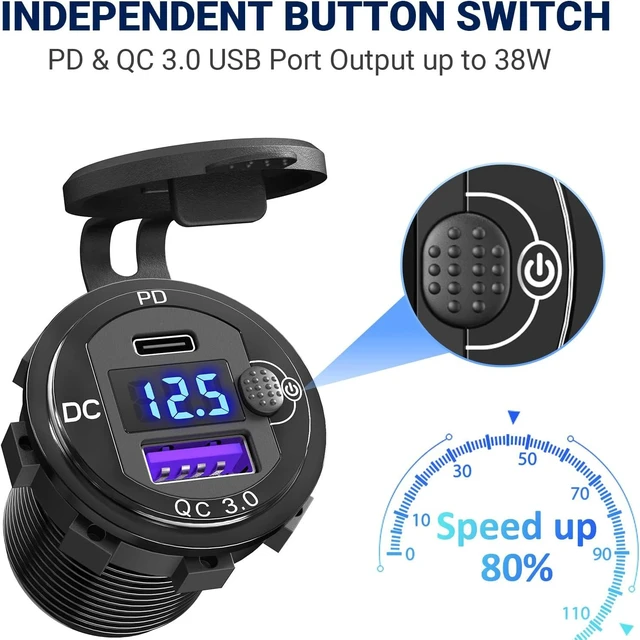 Alt view image 9 of 14 - Cigarette Lighter Socket 12 Volt USB Outlet: PD 20W C and QC3.0 Car Port Aluminum Metal 12V Plug, 150W Charger Panel with Power Switch LED Voltmeter for Marine Boat RV Golf Cart