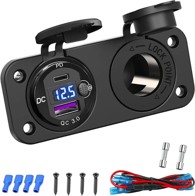 Alt view image 8 of 14 - Cigarette Lighter Socket 12 Volt USB Outlet: PD 20W C and QC3.0 Car Port Aluminum Metal 12V Plug, 150W Charger Panel with Power Switch LED Voltmeter for Marine Boat RV Golf Cart