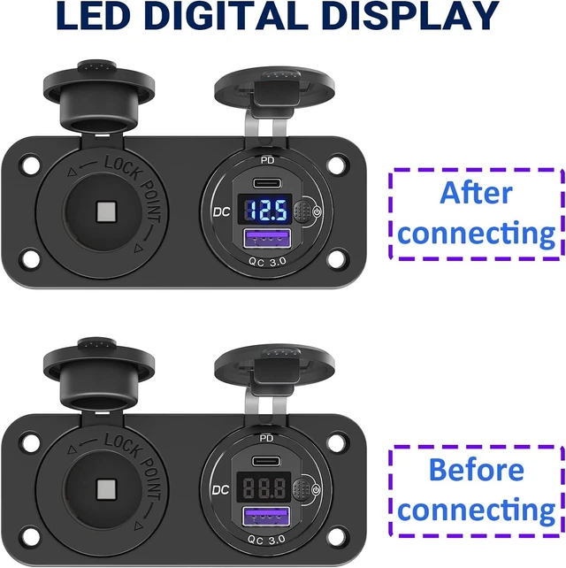 Alt view image 11 of 14 - Cigarette Lighter Socket 12 Volt USB Outlet: PD 20W C and QC3.0 Car Port Aluminum Metal 12V Plug, 150W Charger Panel with Power Switch LED Voltmeter for Marine Boat RV Golf Cart