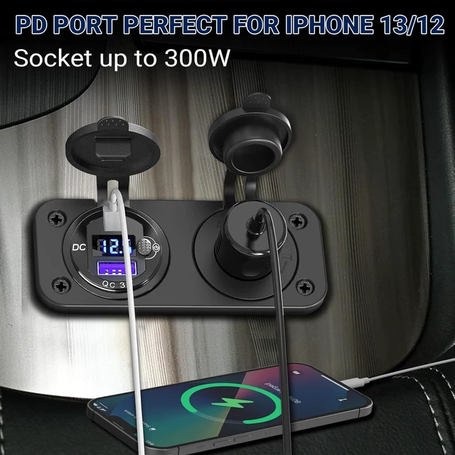 Alt view image 10 of 14 - Cigarette Lighter Socket 12 Volt USB Outlet: PD 20W C and QC3.0 Car Port Aluminum Metal 12V Plug, 150W Charger Panel with Power Switch LED Voltmeter for Marine Boat RV Golf Cart