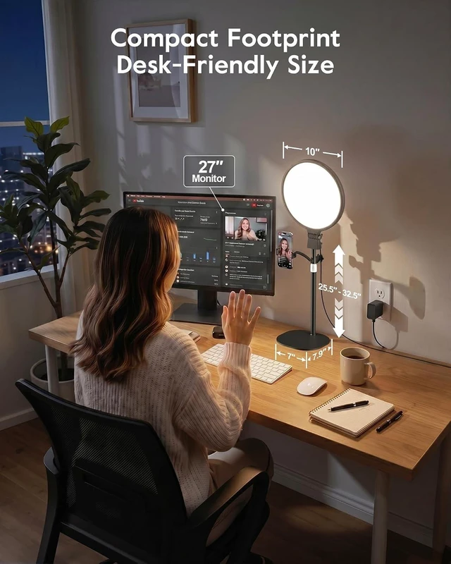 Alt view image 7 of 7 - 1300 Lumen Desk Ring Light with Stand, CRI 98+ with Flexible Phone Holder for Podcast & Streaming
