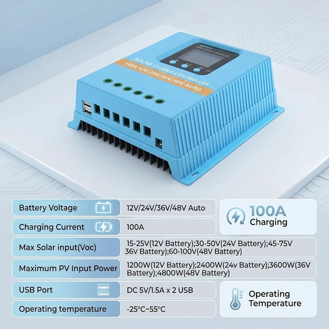 Alt view image 5 of 7 - 100A Solar Charge Controller, 12V/24V/36V/48V Intelligent LCD Regulator with Max 100V Input & Dual USB for Lead-Acid/Lithium Battery (SA100A)