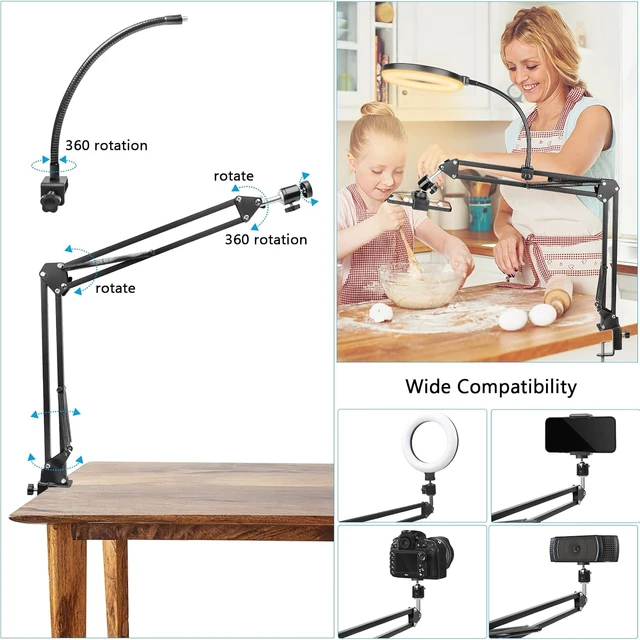 Alt view image 5 of 7 - Overhead Phone Mount with Ring Light, Flexible Articulating Arm for Top-Down Recording