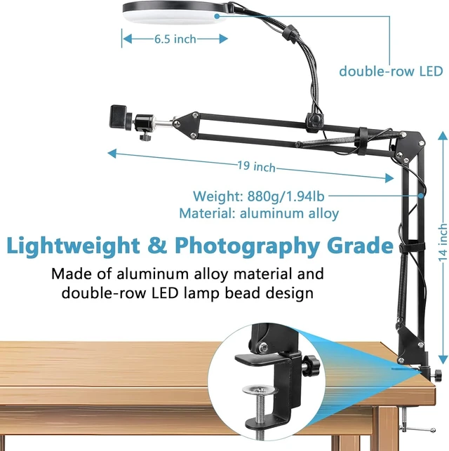 Alt view image 6 of 7 - Overhead Phone Mount with Ring Light, Flexible Articulating Arm for Top-Down Recording