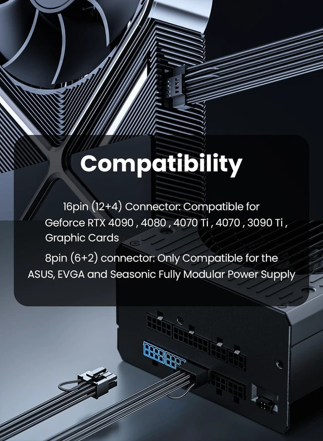 Alt view image 4 of 7 - PCIe 5.0 Power Cable 70cm 2x8pin (6+2) with 90 Degree Type A Adapter | 12VHPWR Connector for RTX 4070 4080 4090, Sleeved Cord for Seasonic Modular PSU
