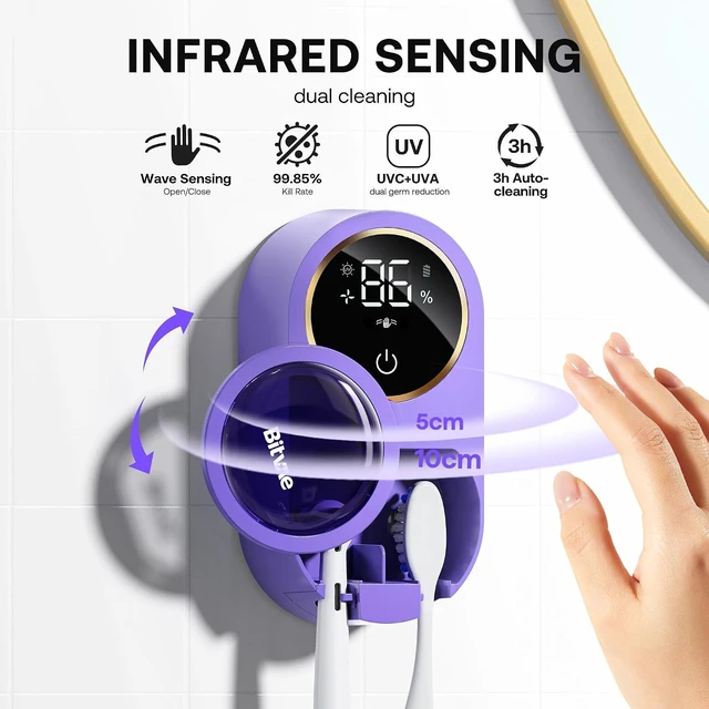 Alt view image 2 of 7 - Toothbrush Holder for Bathroom Infrared Sensing Cleaner, Wall-Mounted for Any Size Toothbrushes, Air Drying, LED Smart Screen, Purple