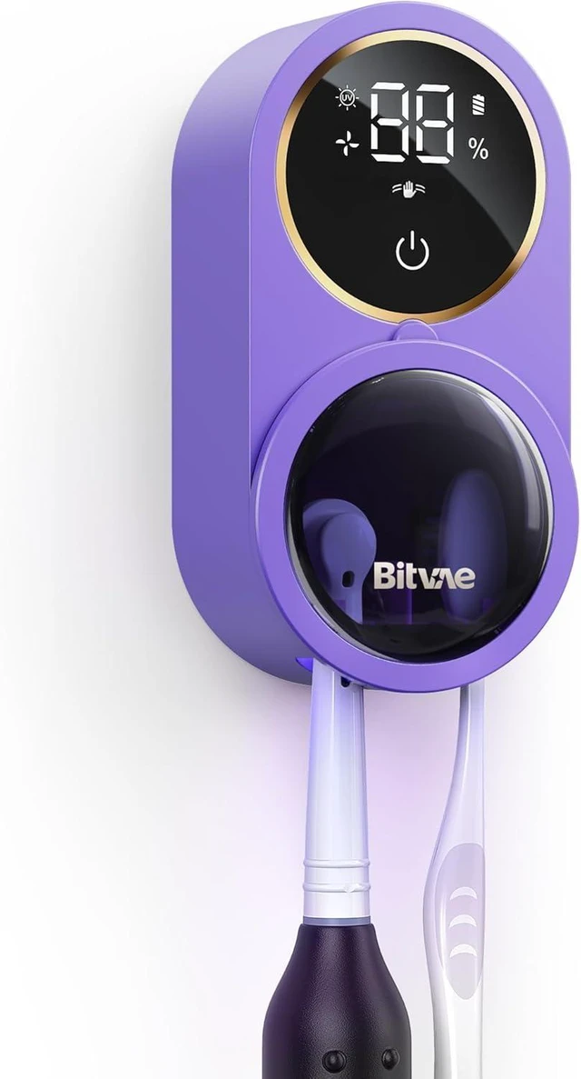 Main image of Toothbrush Holder for Bathroom Infrared Sensing Cleaner, Wall-Mounted for Any Size Toothbrushes, Air Drying, LED Smart Screen, Purple