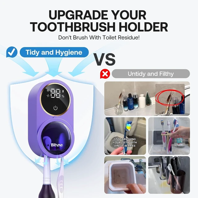 Alt view image 5 of 7 - Toothbrush Holder for Bathroom Infrared Sensing Cleaner, Wall-Mounted for Any Size Toothbrushes, Air Drying, LED Smart Screen, Purple