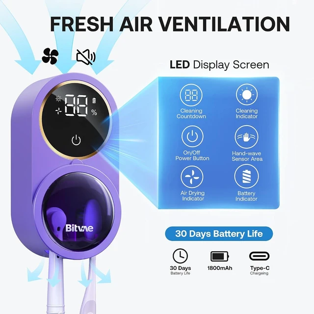 Alt view image 7 of 7 - Toothbrush Holder for Bathroom Infrared Sensing Cleaner, Wall-Mounted for Any Size Toothbrushes, Air Drying, LED Smart Screen, Purple