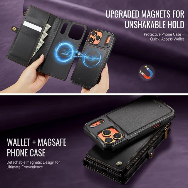 Alt view image 3 of 7 - Magnetic MagSafe Wallet Case for iPhone 17 Pro Max 6.9", RFID Blocking Zipper & Card Holder for Women/Men, PU Leather Detachable Strap Case (Black)