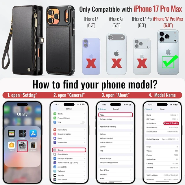 Alt view image 7 of 7 - Magnetic MagSafe Wallet Case for iPhone 17 Pro Max 6.9", RFID Blocking Zipper & Card Holder for Women/Men, PU Leather Detachable Strap Case (Black)