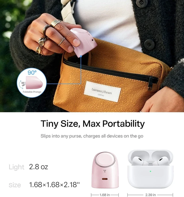 Alt view image 3 of 7 - Flasheye 2-in-1 GaN 45W USB-C Charger for Watch & iPhone - Foldable Compact Wall Charger Block, Fast Charging for iPhone, iPad, AirPods, Pink
