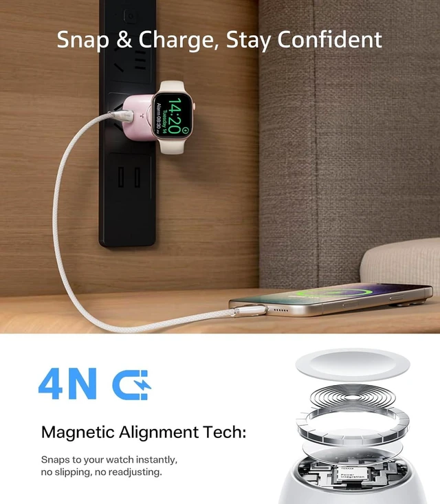 Alt view image 7 of 7 - Flasheye 2-in-1 GaN 45W USB-C Charger for Watch & iPhone - Foldable Compact Wall Charger Block, Fast Charging for iPhone, iPad, AirPods, Pink