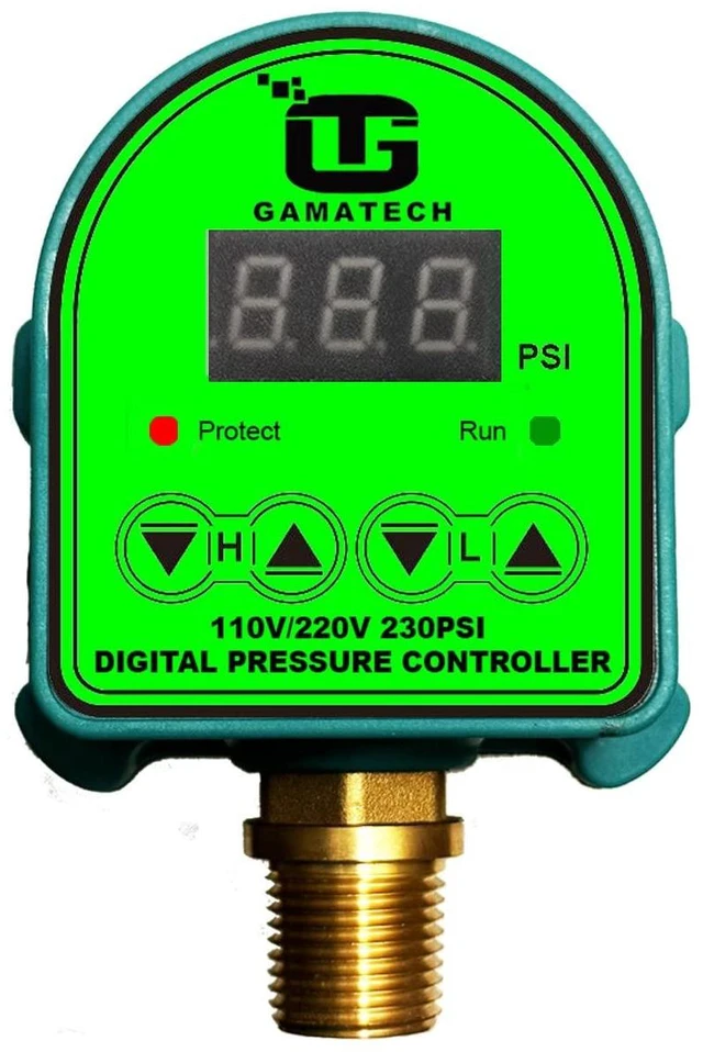 Main image of GamaTech Digital Adjustable Pressure Switch Controller 110V/220V 10A/5A for Water & Air Pumps, 1/2" Male NPT, 0-230 Psi