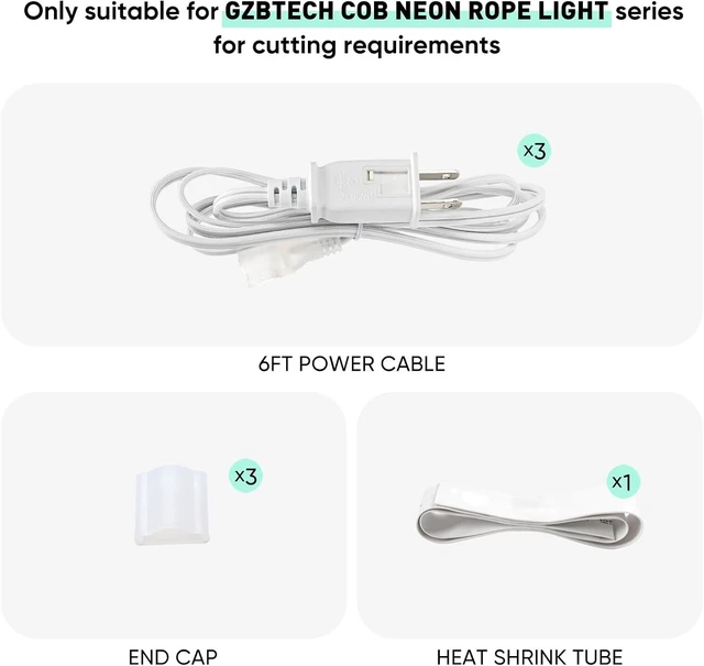 Alt view image 2 of 6 - COB Neon Rope Light Power Cord Connector Kit Set of 3 for Cutting, with 3 End Caps & Heat Shrink Tube