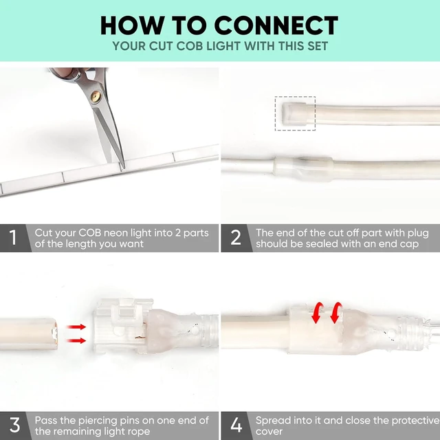 Alt view image 3 of 6 - COB Neon Rope Light Power Cord Connector Kit Set of 3 for Cutting, with 3 End Caps & Heat Shrink Tube