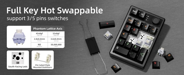 Alt view image 4 of 7 - Gasket Creamy Mechanical Numpad - Programmable Macro Keypad, Wireless 2.4G/Bluetooth 5.0/Wired USB-C, RGB Backlit, Hot Swappable, Metal Knob, Black