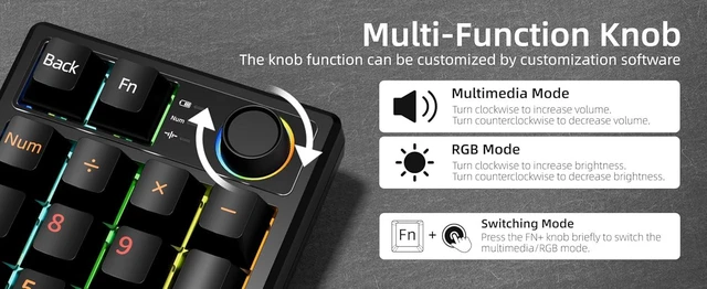 Alt view image 7 of 7 - Gasket Creamy Mechanical Numpad - Programmable Macro Keypad, Wireless 2.4G/Bluetooth 5.0/Wired USB-C, RGB Backlit, Hot Swappable, Metal Knob, Black